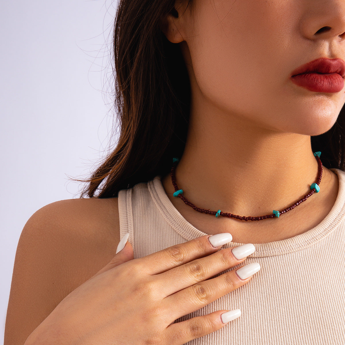 Handmade Bohemian Style Geometric Turquoise Beaded Necklace with Irregular Resin Beads on Round Ball Chain for Women