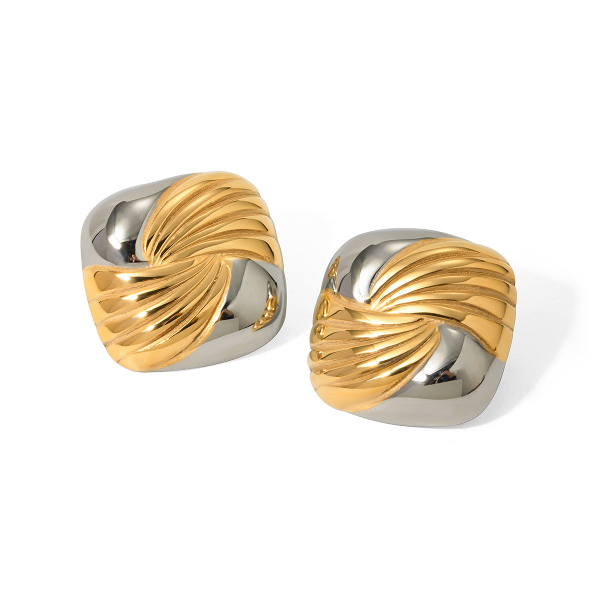 Luxury 18K Gold Plated Square Geometric Stainless Steel Two-Tone Screw Thread Earrings