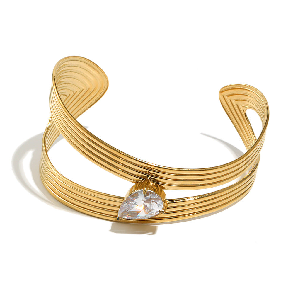Minimalist Stainless Steel Plated 18K Gold Tone Geometric Stripe Cuff Bracelet with Zirconia Accents