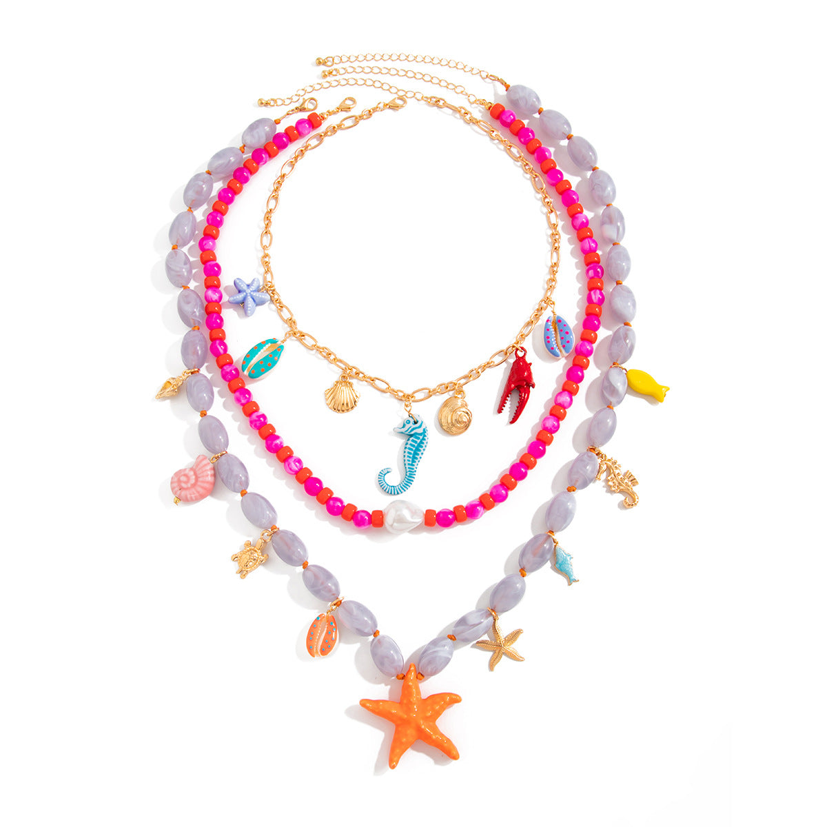 Sweet Plated Zinc Alloy & Resin Animal Pendant Necklace with Starfish Seahorse Charms for Women