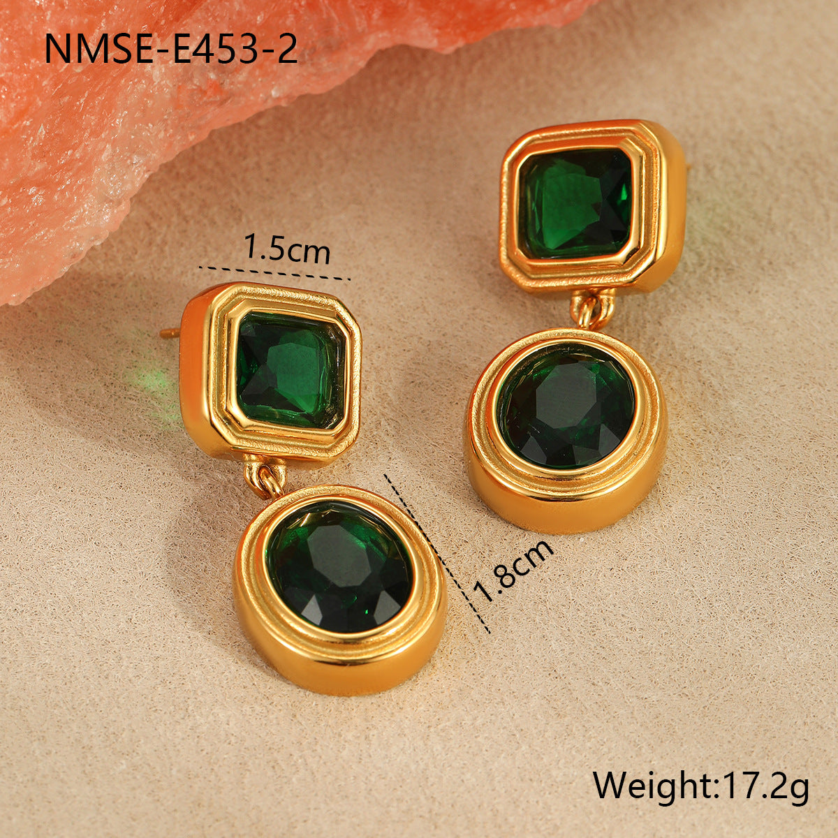 Orecchini geometrici quadrati con zircone verde vintage in acciaio inossidabile con finitura galvanica da donna