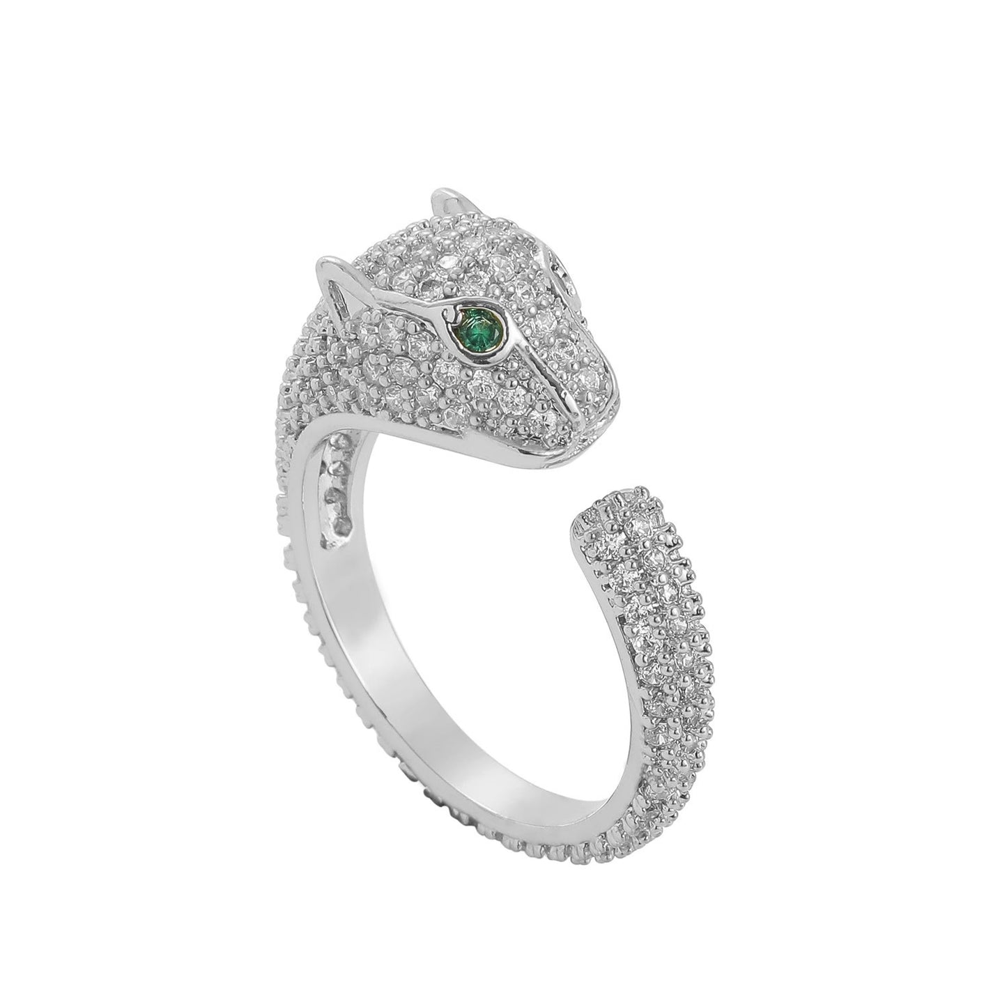 Anello Aperto a Testa di Leopardo da Donna con Intarsio Completo di Strass con Finitura Placcata in Rame Design Animale Minimalista Anello Statement