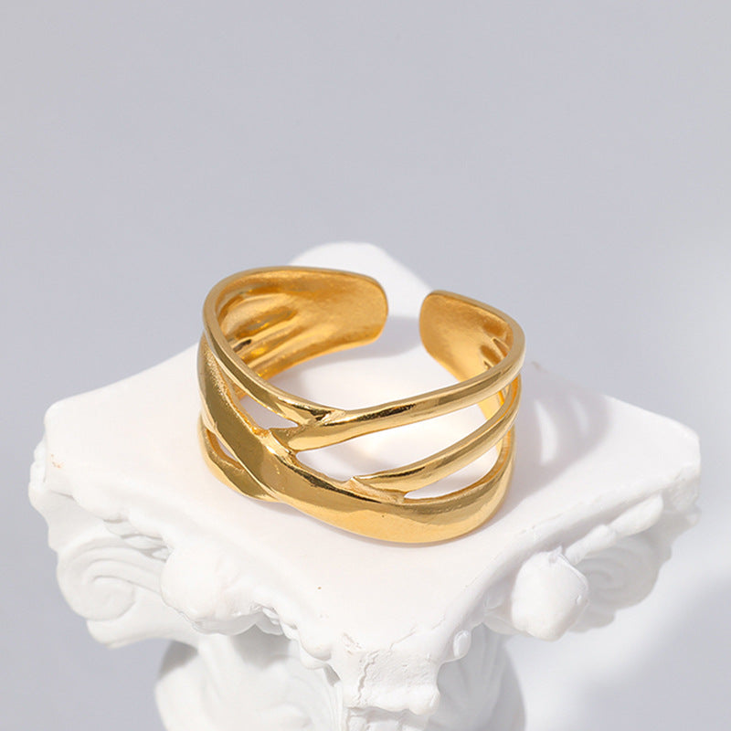 Anello Aperto da Donna Minimalista Geometrico in Acciaio al Titanio con Finitura Placcata e Design Lineare