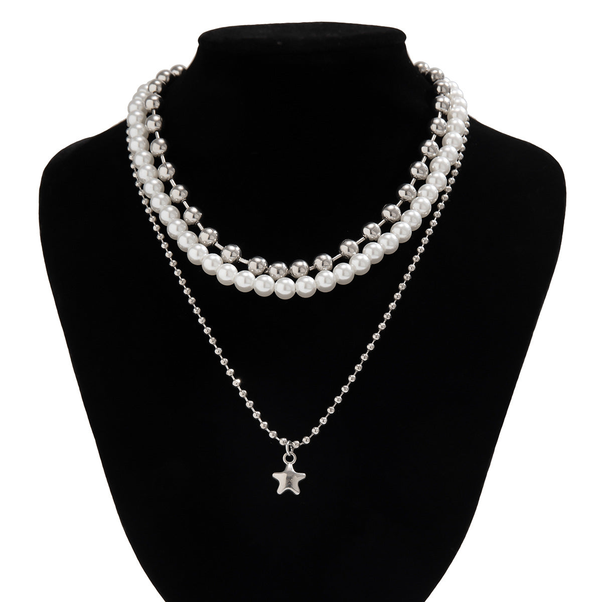 Collana creativa a forma di stella in lega con finitura placcata per donna, collana con pendente a strati in stile bohémien con perle e perline