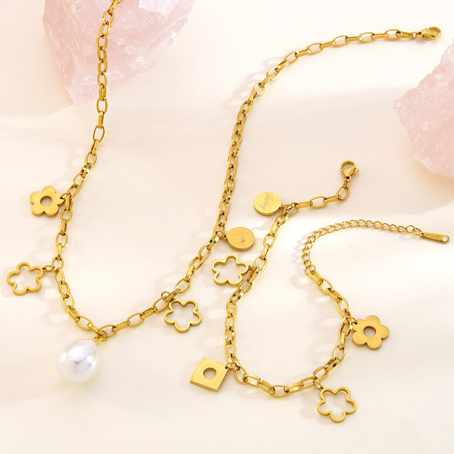 Sweet 18K Gold Plated Stainless Steel Flower Geometric Pearl Necklace Cable Chain