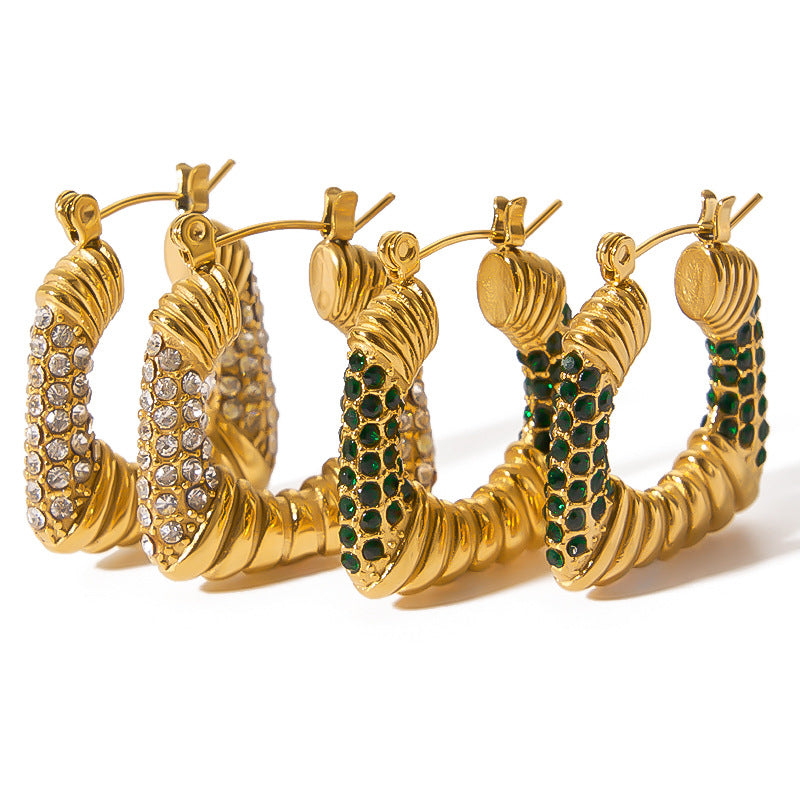 Vintage-Style Geometric Trapezoid Stainless Steel Earrings with 18K Gold Plating and Zircon Inlay