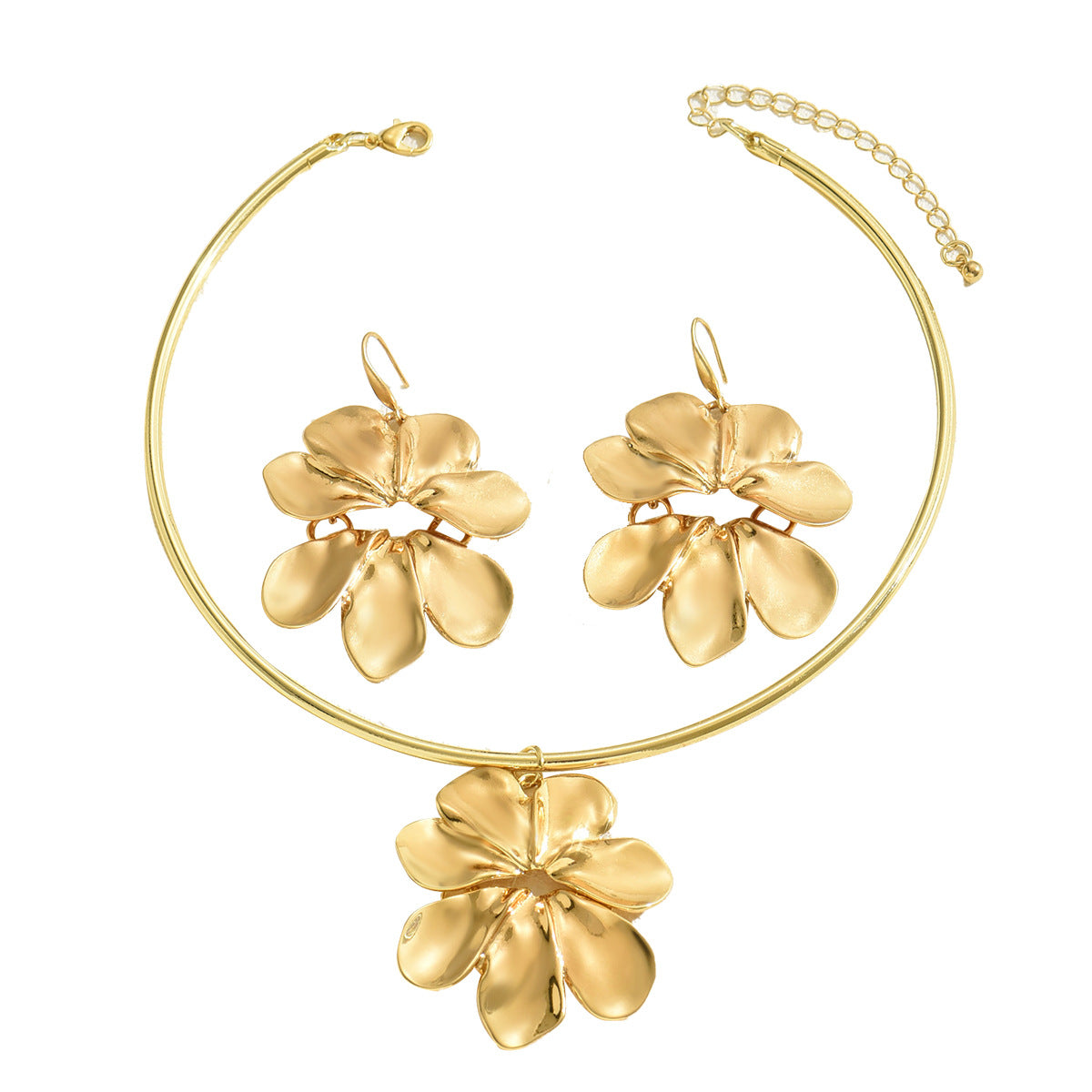 Elegante conjunto de collar y pendientes florales para mujer con diseño de pétalos chapados en cobre en forma de corazón