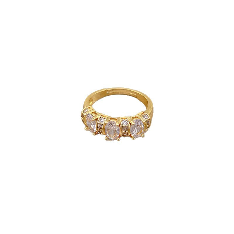 Sweet Minimalist Gold Plated Brass Rhinestone Crown Ring Adjustable Open Band for Women and Couples
