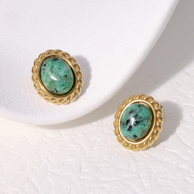 French Vintage Style Oval Geometric Stainless Steel Stud Earrings for Women with Plated Finish