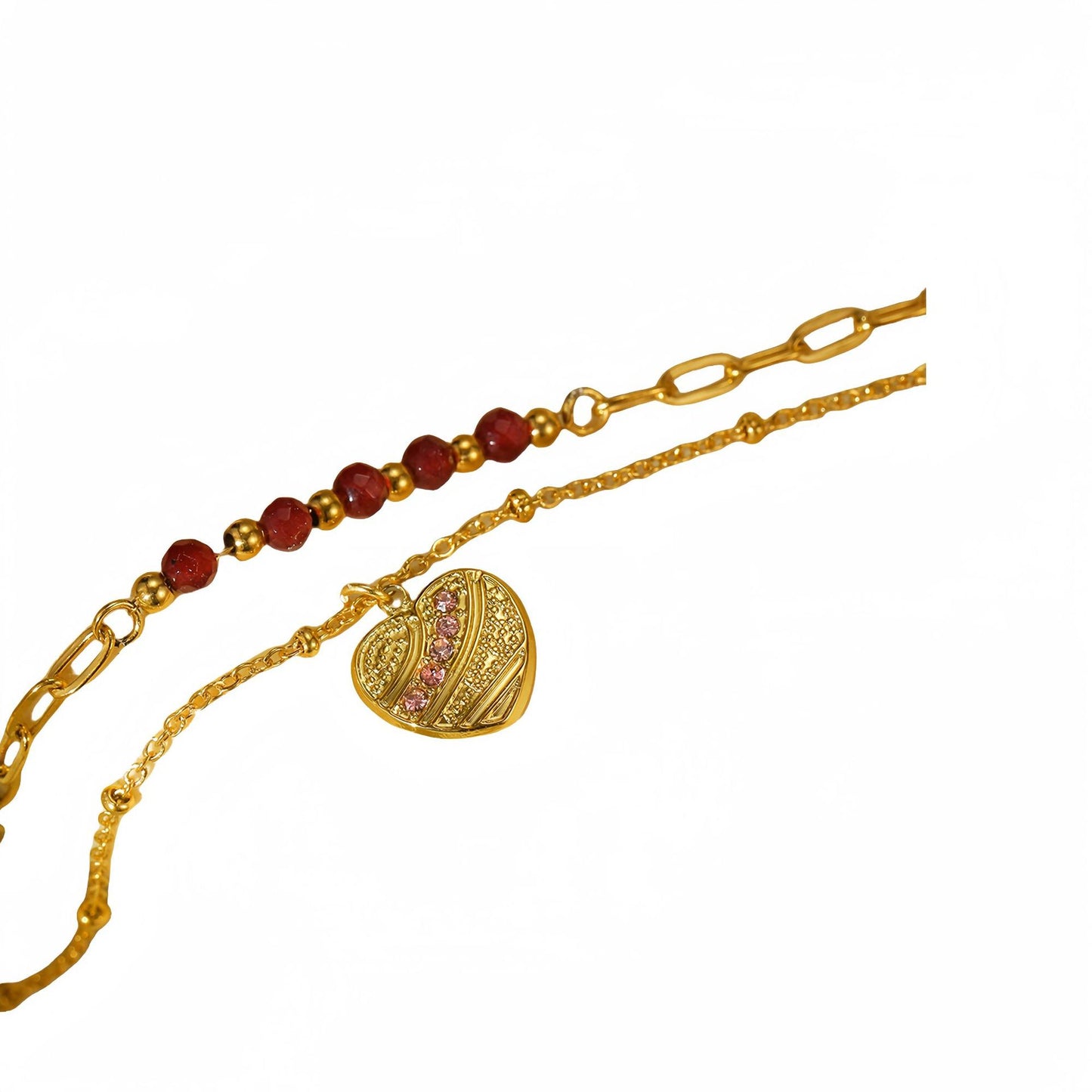 Fashionable Heart-Shaped Red Natural Stone Inlaid Stainless Steel Bracelet for Women with Plating Finish