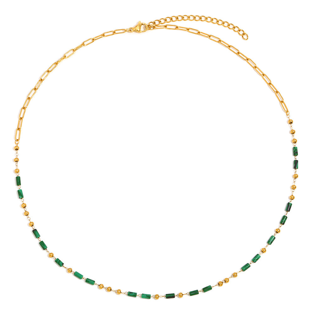 Vintage French Style Geometric Cylinder Pendant Necklace in Stainless Steel with 18K Gold Plating and Natural Stone Bead Accents