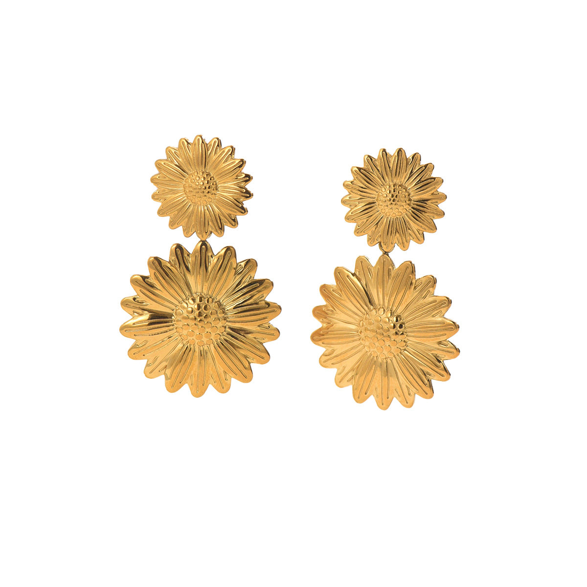 Pendientes de girasol de moda para mujer, pendientes de tuerca electrochapados de aleación de zinc con postes de acero inoxidable