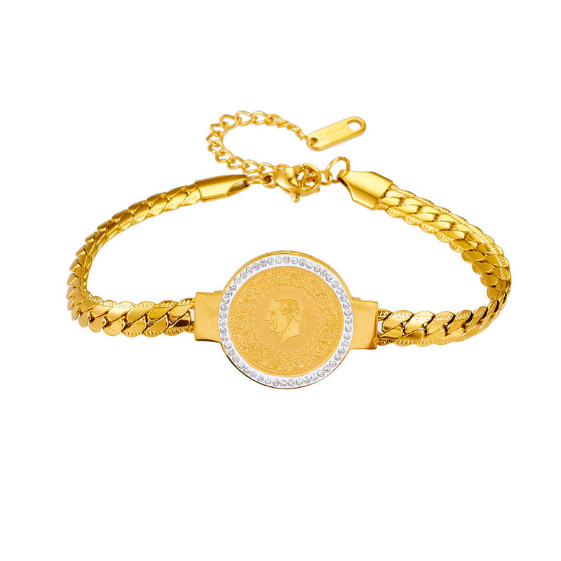 Vintage-Inspired Fashion Bracelet with Round Pendant, Titanium Steel Snake Chain, Electroplated Finish for Women