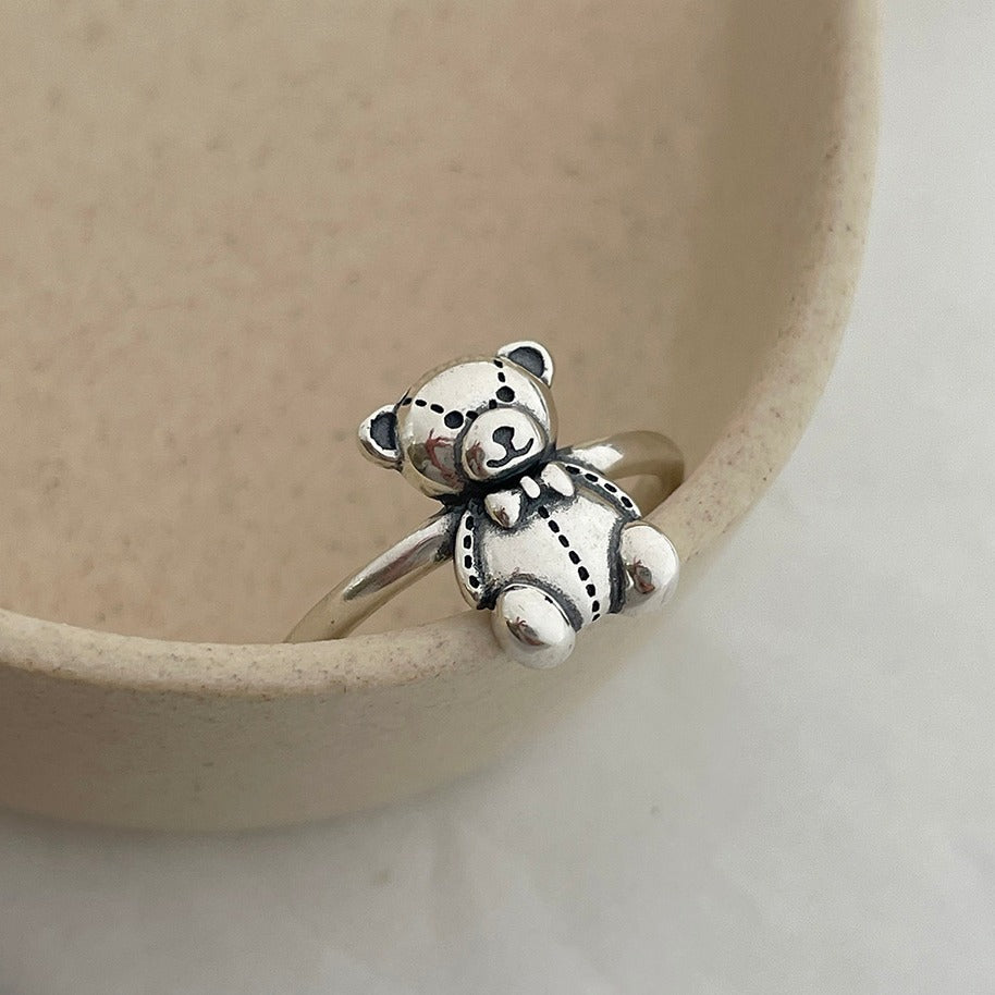 Anello da donna in argento sterling 925 a forma di orso minimalista con intarsio