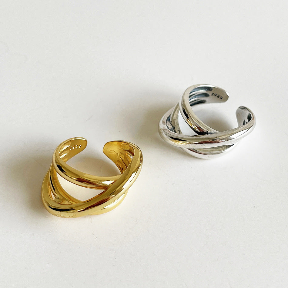Vintage Elegant 925 Sterling Silver Geometric Abstract Woven Open Ring