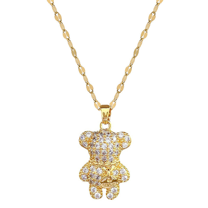 Minimalist Bear Pendant Necklace for Women and Men in Titanium Steel with Rhinestone Inlay on Snake Chain