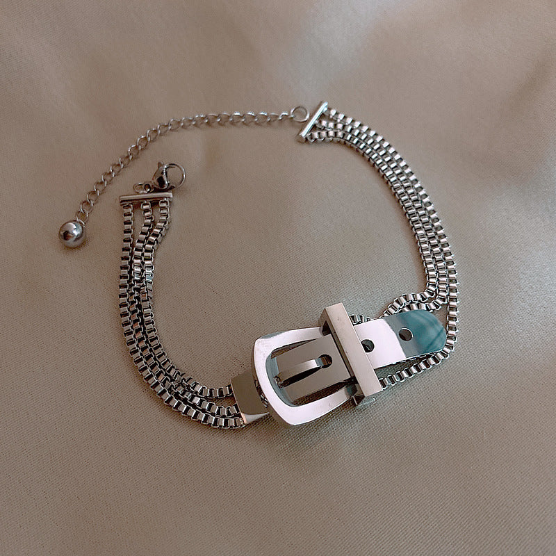 Minimalist Geometric Titanium Steel Bracelet with Belt Buckle Detail Vacuum Plated Multi-Layer Fashion Hand Chain for Women