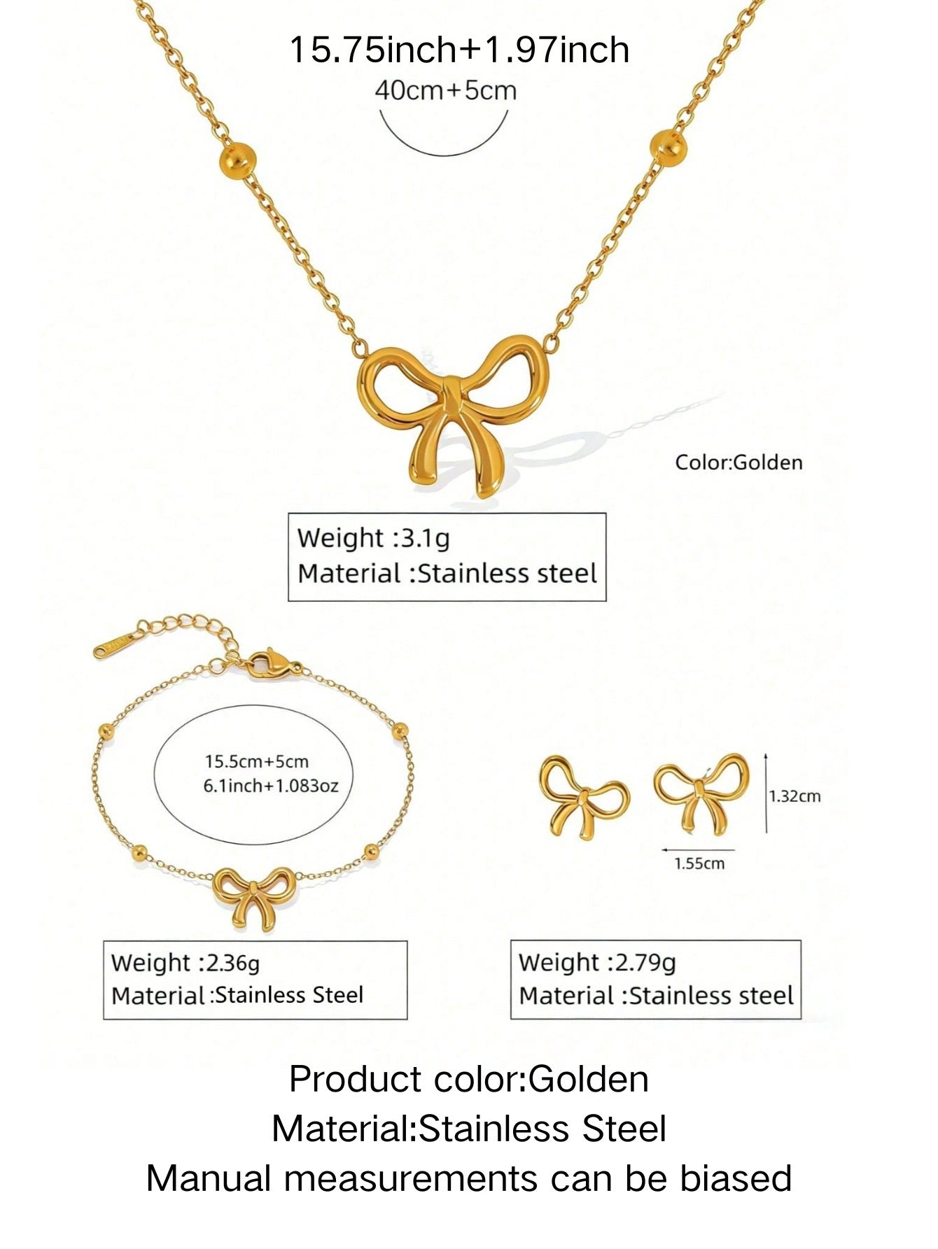 Elegante Set Collana Bracciale Orecchini in Acciaio Inox Placcato Oro 18K a Fiocco