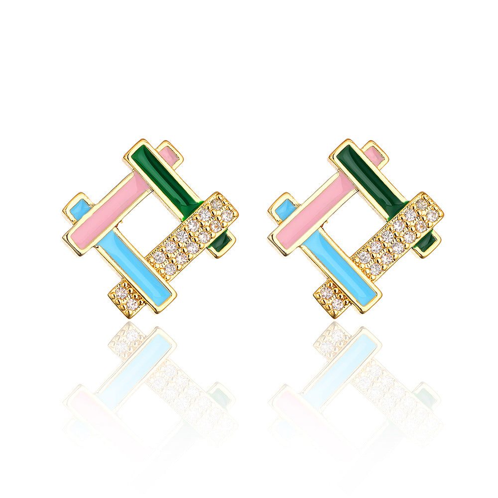 Minimalist Geometric Copper Earrings with 18K Gold Plating and Enamel Finish for Women
