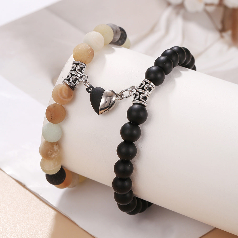 Geometric Round Heart Alloy Stone Magnetic Couple Bracelet