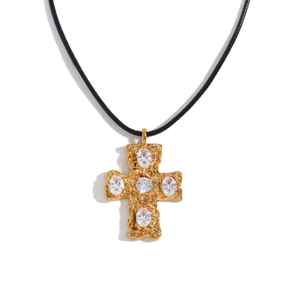 Vintage-Inspired Geometric Cross Pendant Necklace in Titanium Steel with 18K Gold Plating and Hammered Multicolor Texture on Black Cord