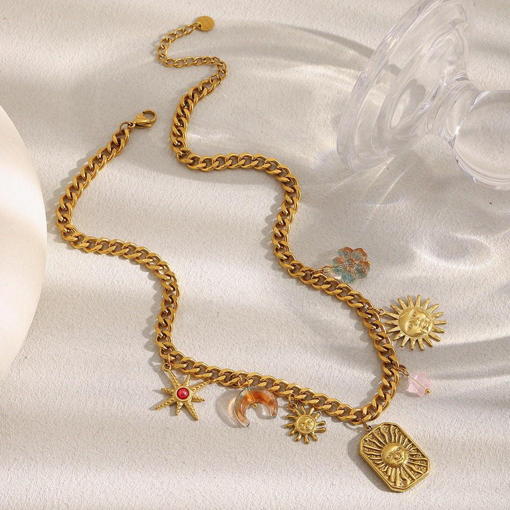 Collana Pendente Minimalista Geometrica Sole Luna e Ottagramma in Acciaio Inossidabile Placcato Oro 18K da Donna