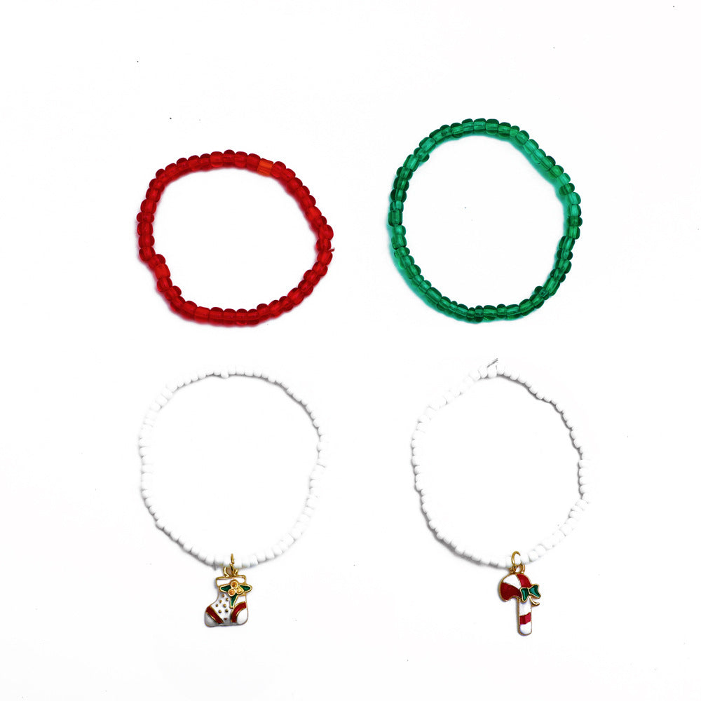 Handmade Christmas Bracelet Set for Women Alloy Beaded Cane and Sock Design Geometric Pattern Holiday Gift