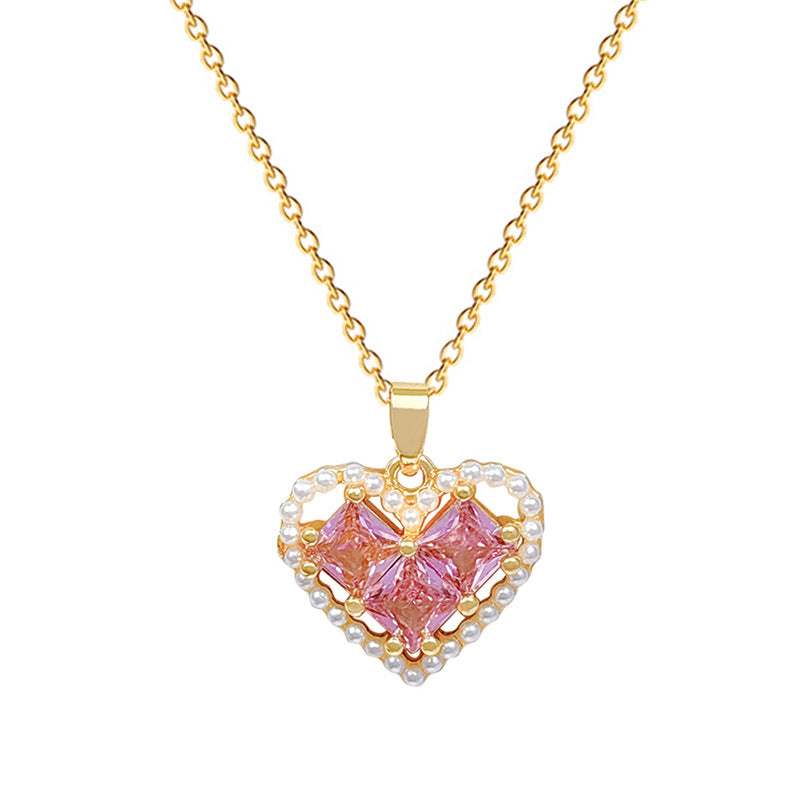 Minimalist Heart-Shaped Titanium Steel Necklace with Pearl Accents and Rhinestone Inlay for Women