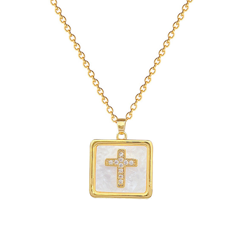 Minimalist Square Cross Pendant Necklace in Stainless Steel with Rhinestone Inlay for Women and Men