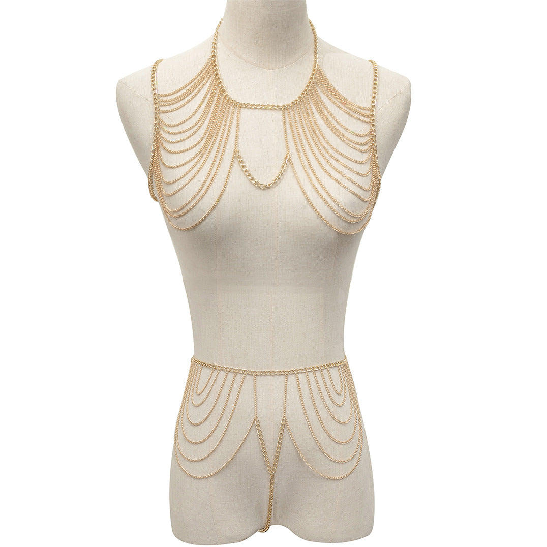 Sexy Geometric Body Chain for Women with Tassel Detail in Metal for Beach and Bikini Wear
