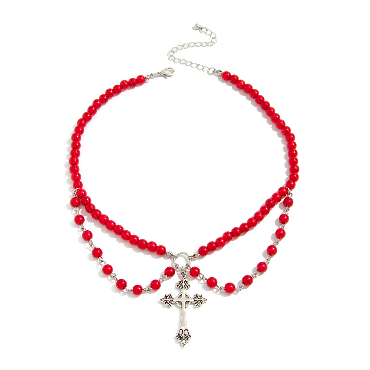 Gothic Sweet Cross Pendant Necklace with Red Imitation Pearl Beads Alloy Chain for Women