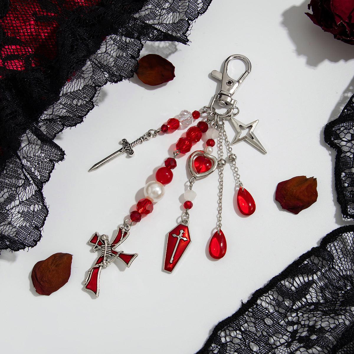 Gothic Skull Bat Rivet Heart Teardrop Crystal Tassel Keychain Alloy Plated Charm