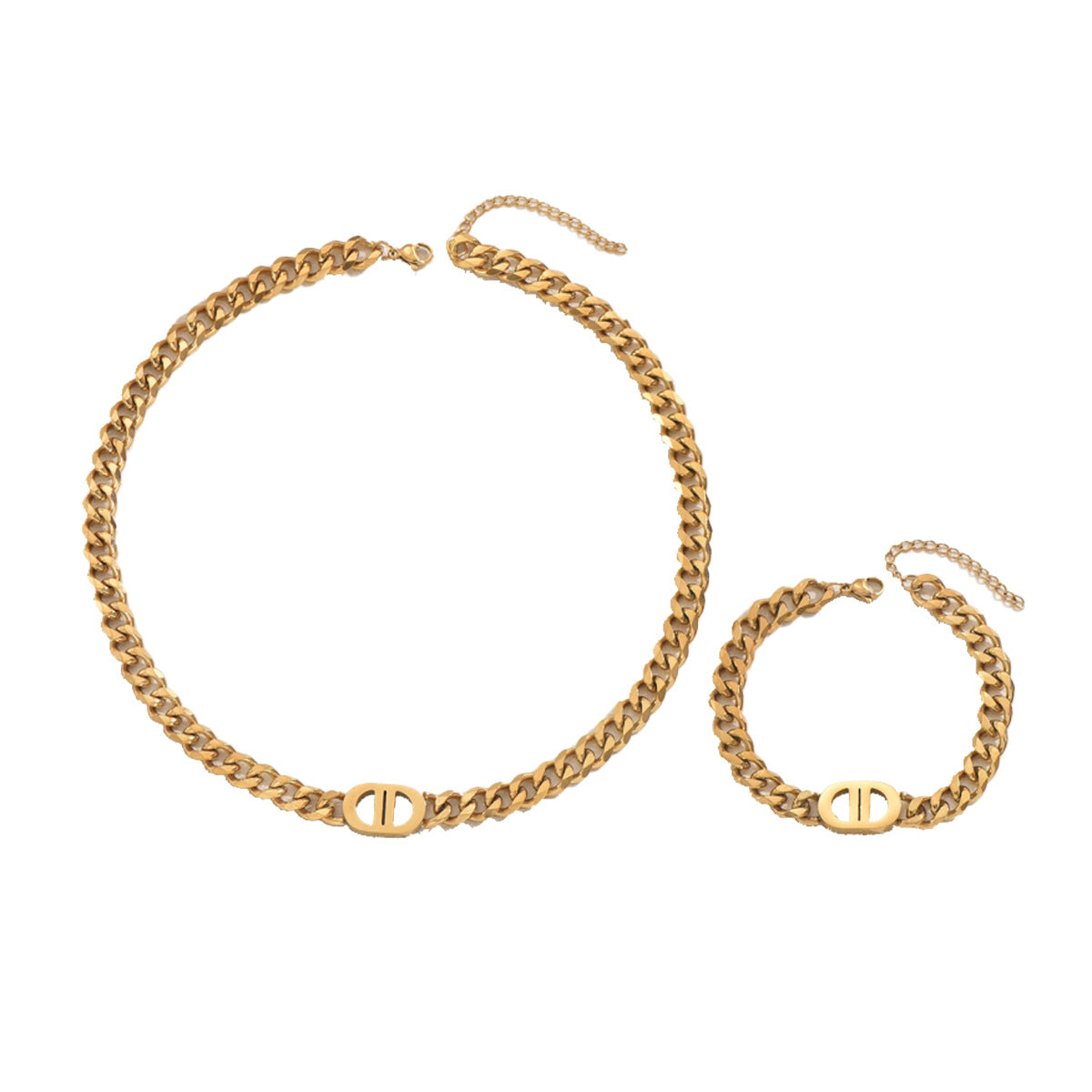 Set di collana e bracciale da donna a catena cubana minimalista geometrica in lega di zinco con finitura placcata