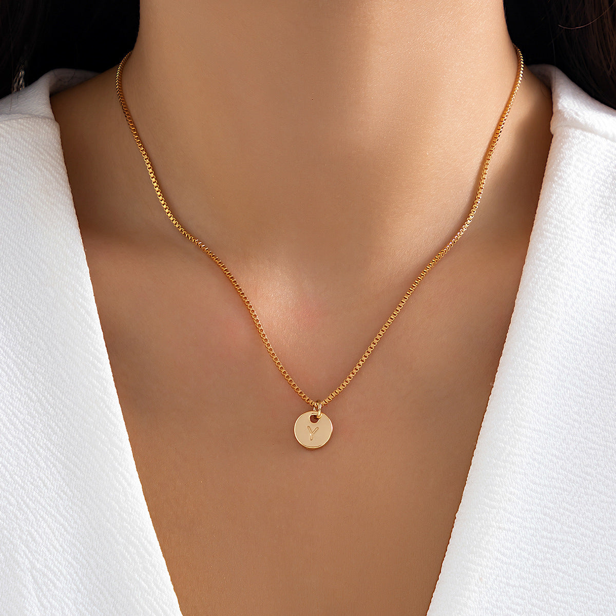 Minimalist Round Letter Pendant Zinc Alloy Plated Necklace Box Chain Women