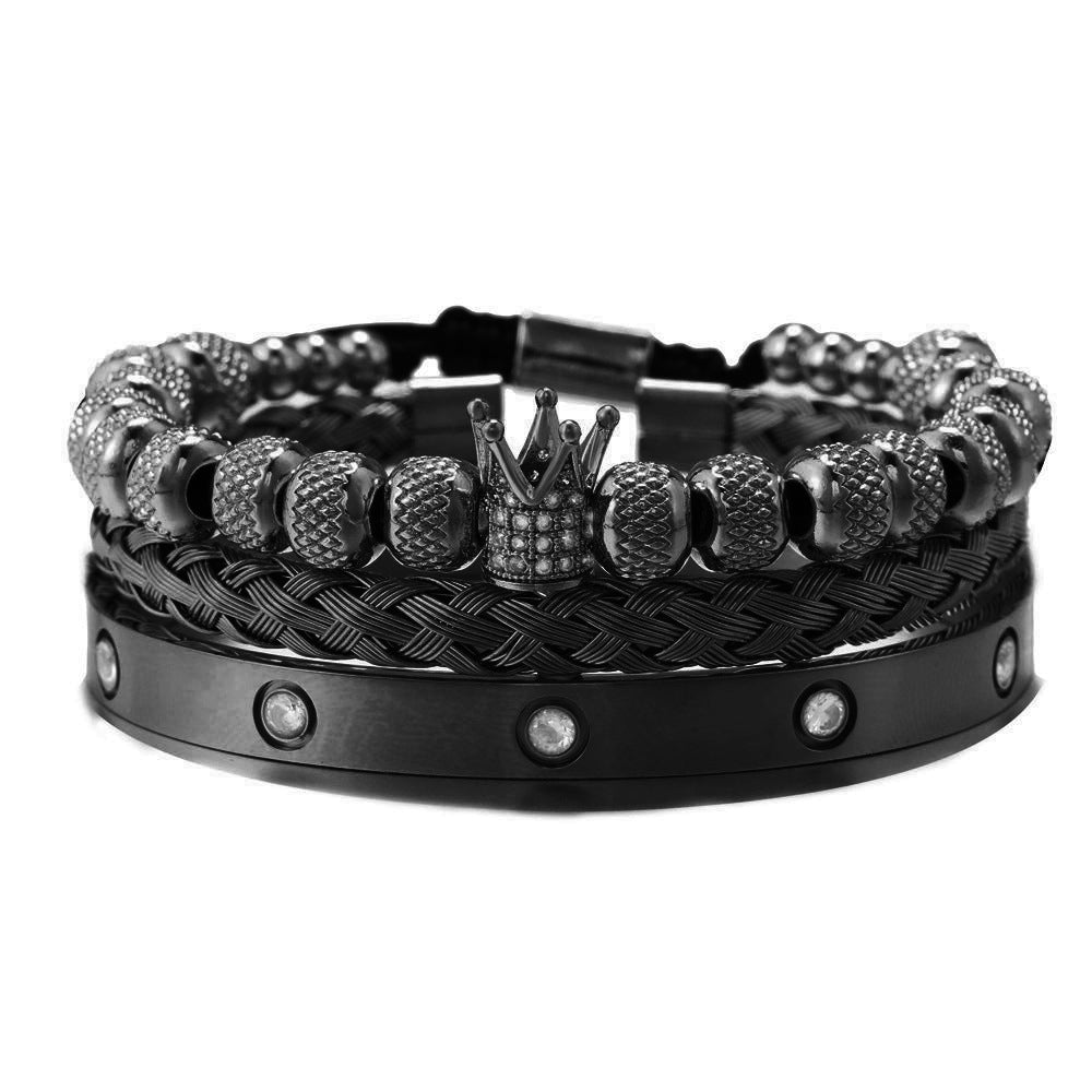 Vintage Crown Geometric Micro-inlay Stainless Steel Mesh Open Cuff Bracelet Set for Unisex