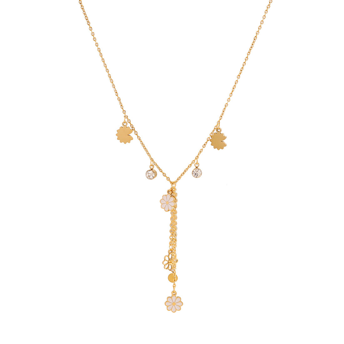 Fashionable Floral Daisy Pendant Necklace with Waterdrop Shape Stainless Steel Snake Chain for Women