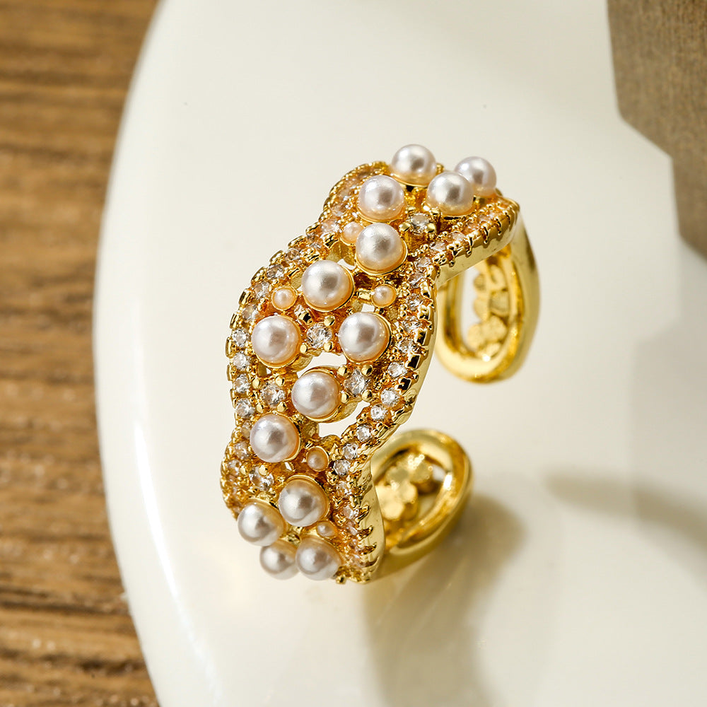 Geometric Open Ring for Women with Copper Base Plated in Real Gold Micro-Paved Zirconia and Pearl Accents
