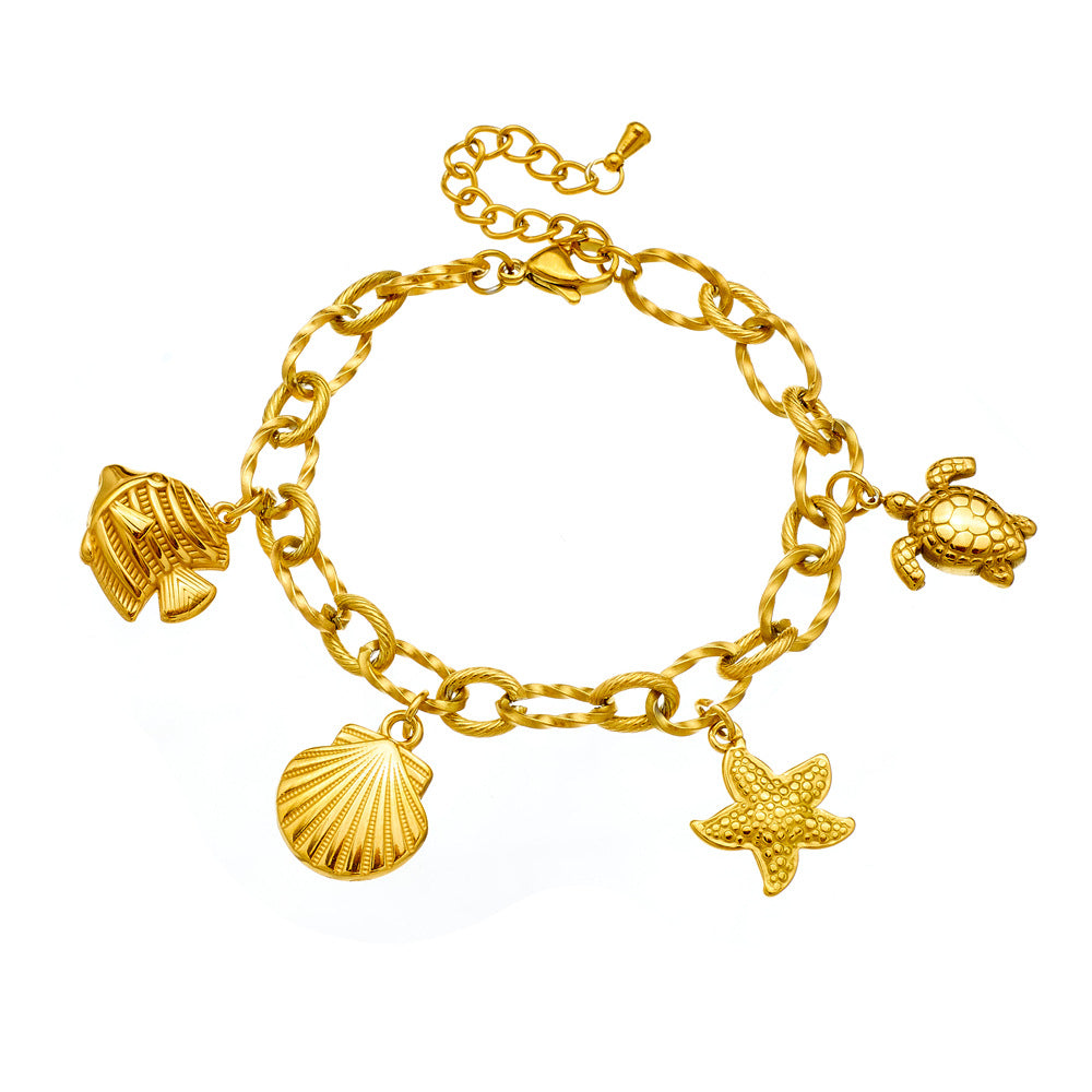 Fashionable Gold-Plated Stainless Steel Sea Star and Turtle Pendant Bracelet for Women