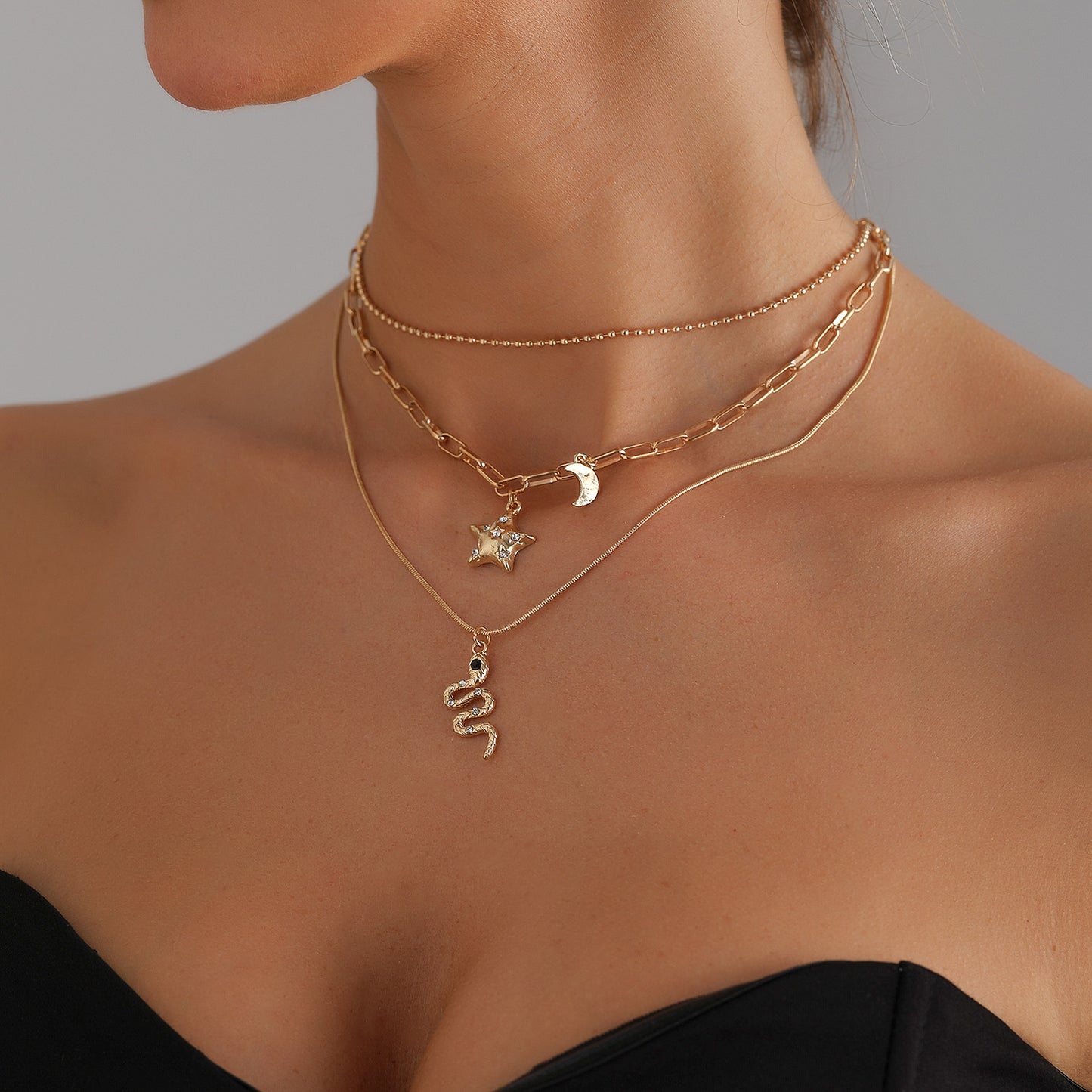 Vintage-Style Star and Moon Pendant Necklace with Rhinestone Inlay in Alloy, Snake Chain Design for Women