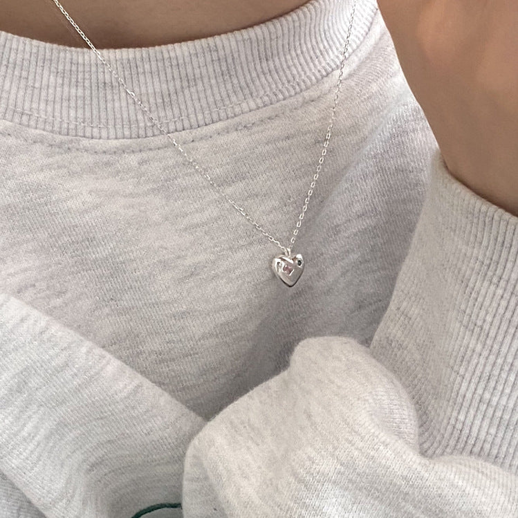 Minimalist Heart-Shaped 925 Sterling Silver Rhinestone Necklace with Rainbow Accents on Snake Chain