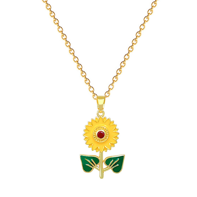 Sweet Elegant Drip Oil Rhinestone Sunflower Plant Titanium Steel Necklace for Unisex
