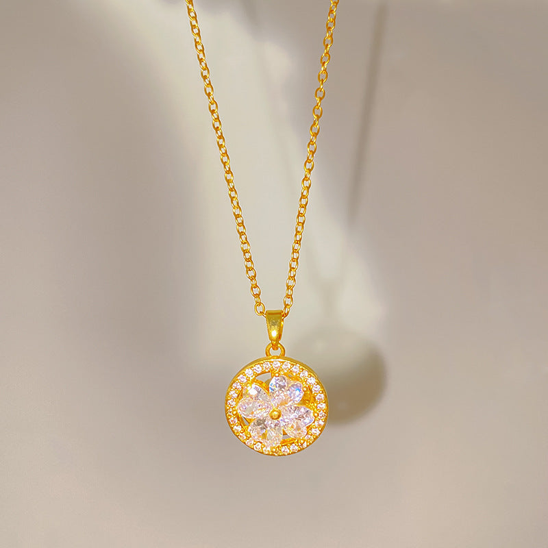Sweet Sporty Full Cubic Zirconia Plant Shape Titanium Steel Plated Necklace for Women