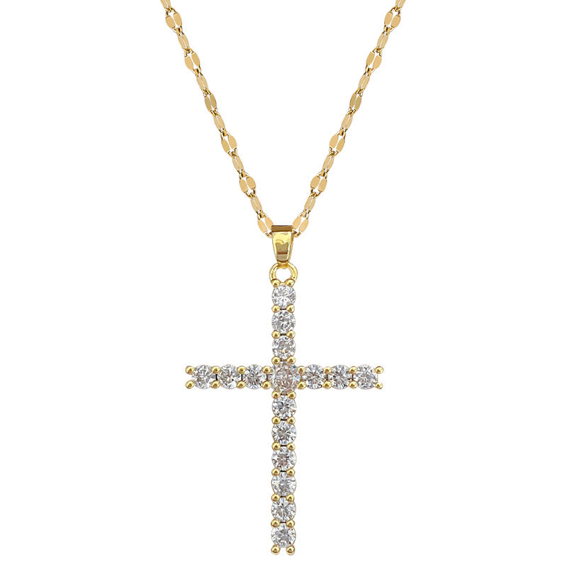 Collana Minimalista con Ciondolo a Croce in Acciaio al Titanio con Intarsi in Zircone, Design Geometrico per Chiave Collare, Gioielli di Moda Unisex