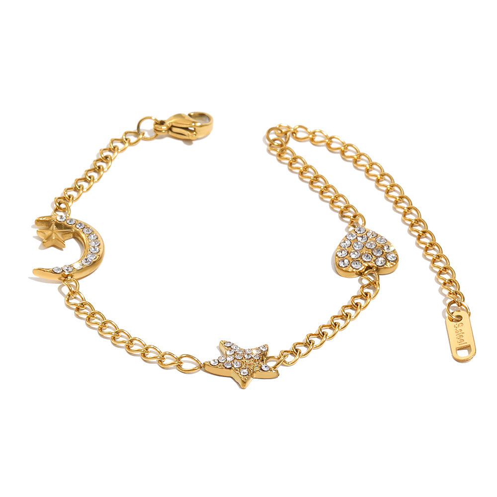Pulsera Minimalista Geométrica de Acero Inoxidable con Chapado en Oro de 18K con Corazón, Estrella y Luna para Mujer
