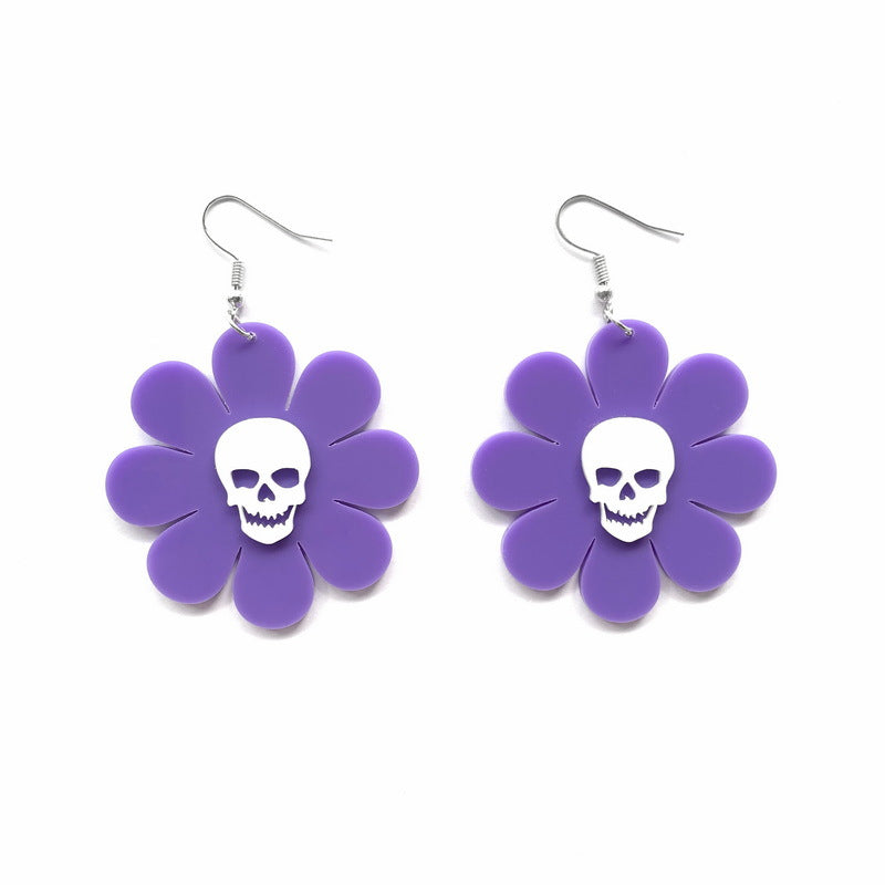 Orecchini pendenti da donna con teschio in stile cartone animato e dettagli floreali, con gancio, in acrilico