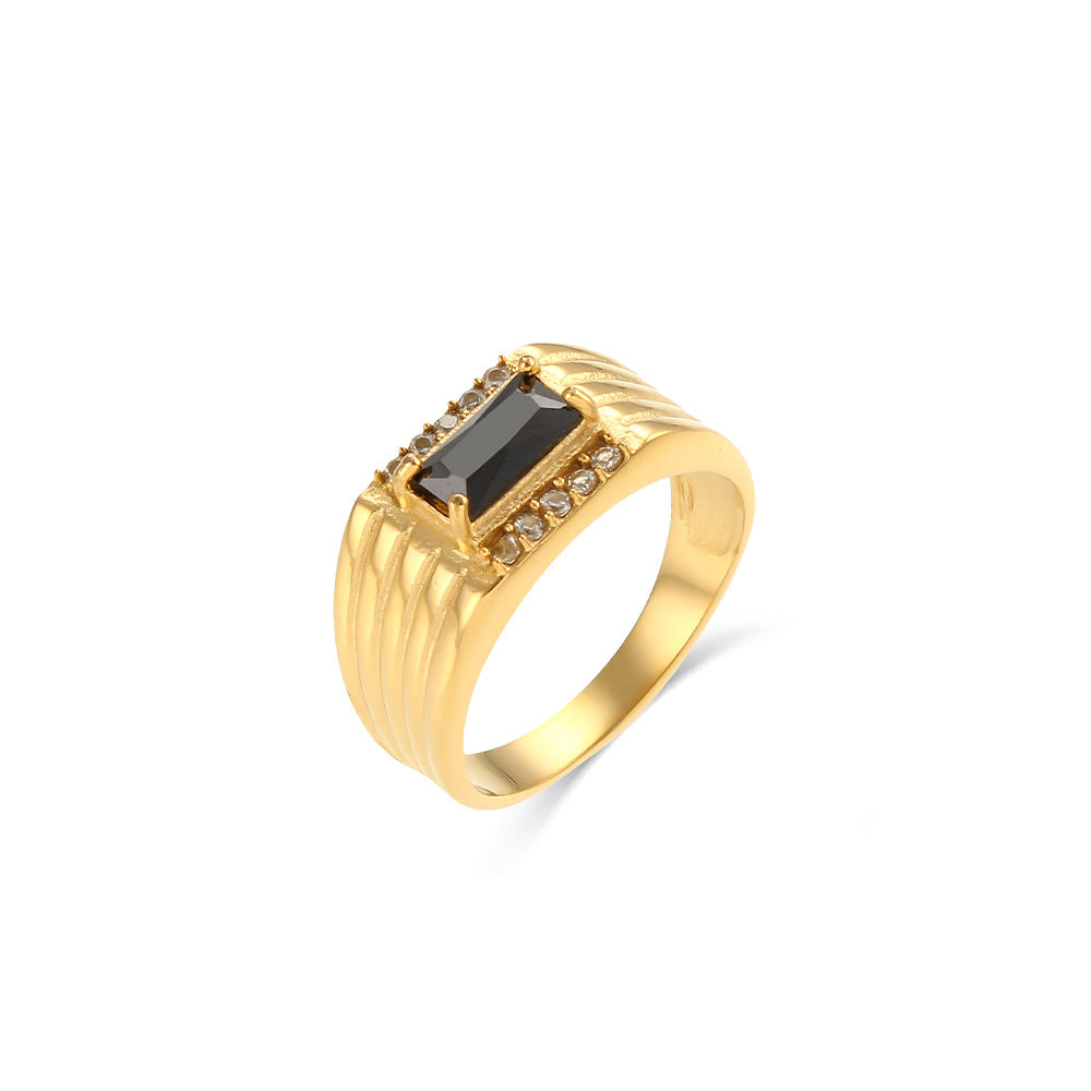 Casual Geometric Stainless Steel Ring with 18K Gold Plating and Cubic Zirconia Inlay for Women