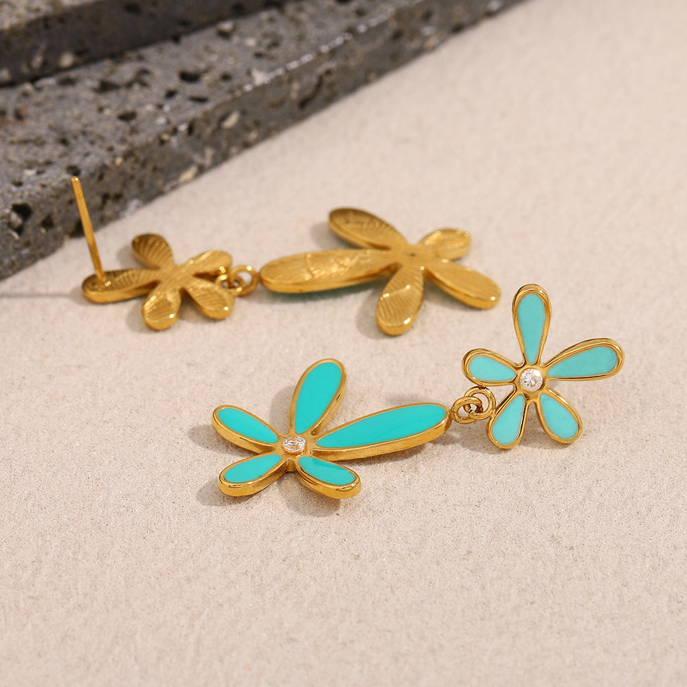 Minimalist Fresh Botanical Stainless Steel Earrings with 18K Gold Plating and Enamel Grass Design for Women