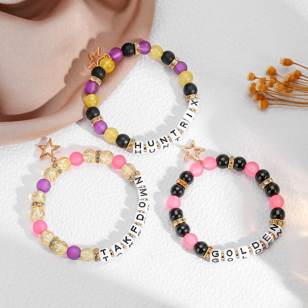 Cute Handmade Acrylic Glass Letter Round Beaded Stretch Bracelet