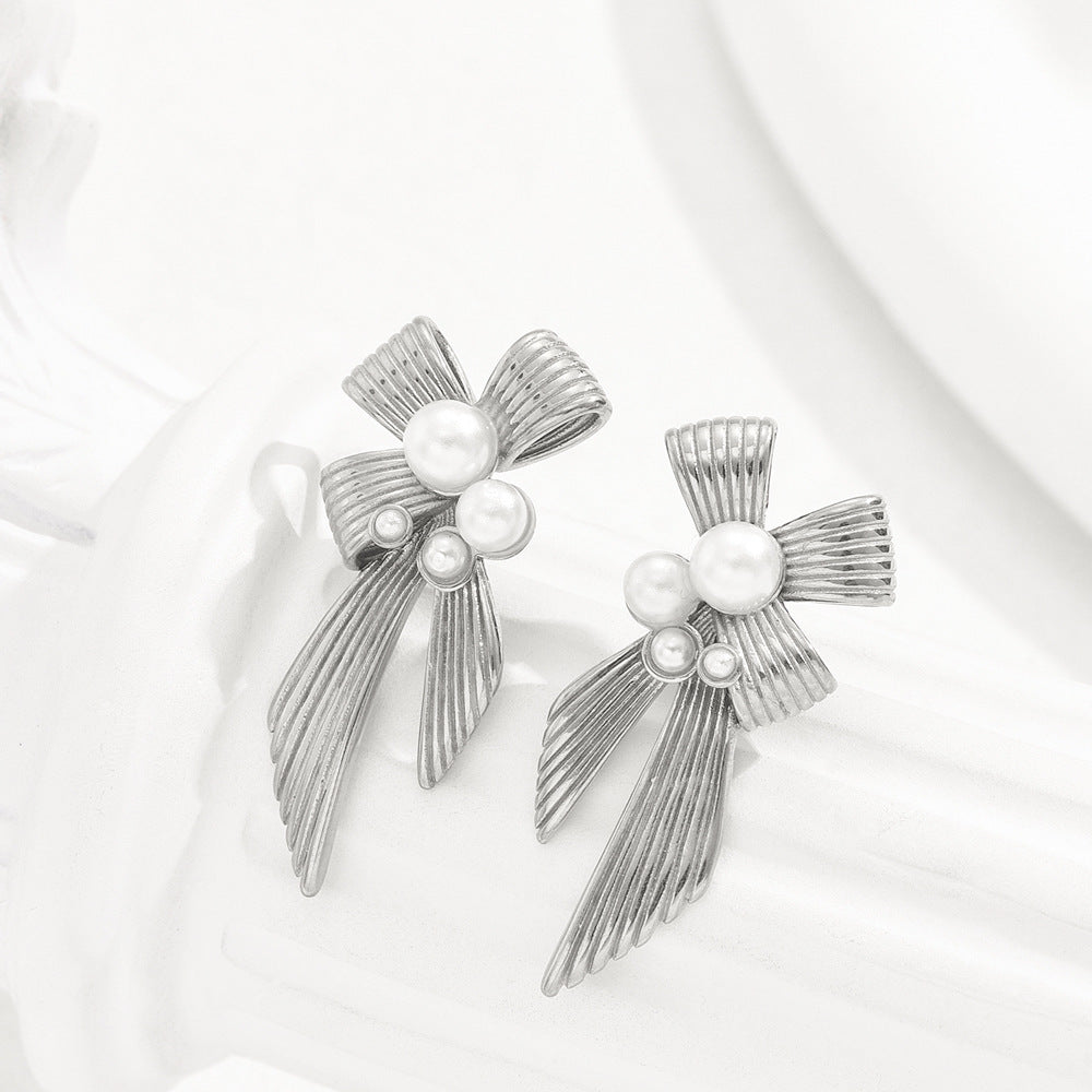 Minimalist Bow and Geometric Shape Zinc Alloy Earrings with Pearl Inlay for Women