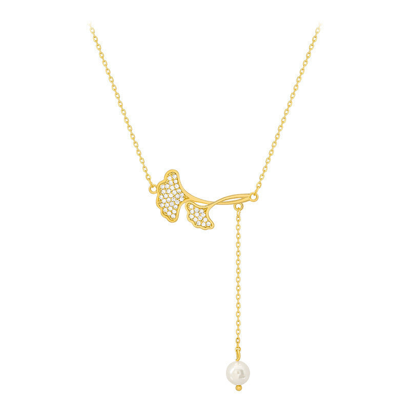 Minimalist Ginkgo Leaf Pendant Necklace in Titanium Steel with Gold Plating for Women